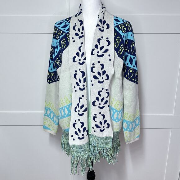 Anthropologie Gypsy Global Village Cream Long Sleeve Boho Open Fringe Cardigan M - Picture 1 of 7